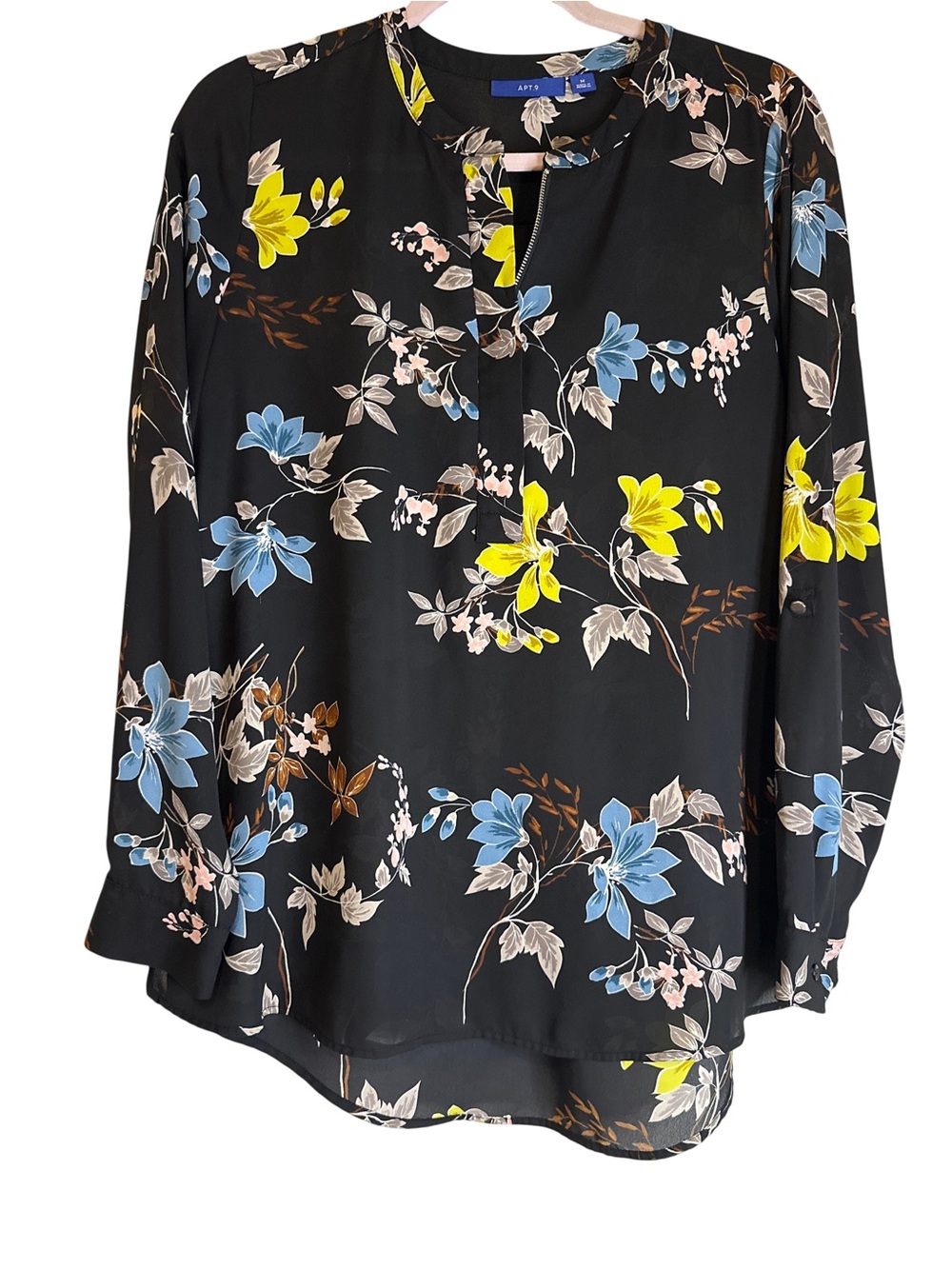 Apt. 9 Black Floral Split-Neck Blouse with Blue & Yellow Flowers, NWOT Sz M